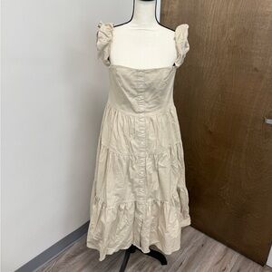 STAUD Cream Ruffled Midi Dress